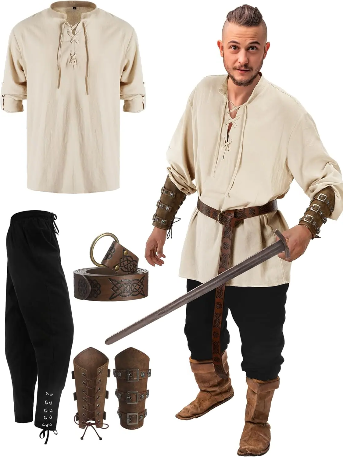 Belro official 4-piece men's pirate costume with hat, shirt, vest, and sash, perfect for themed dress-up or costume parties.