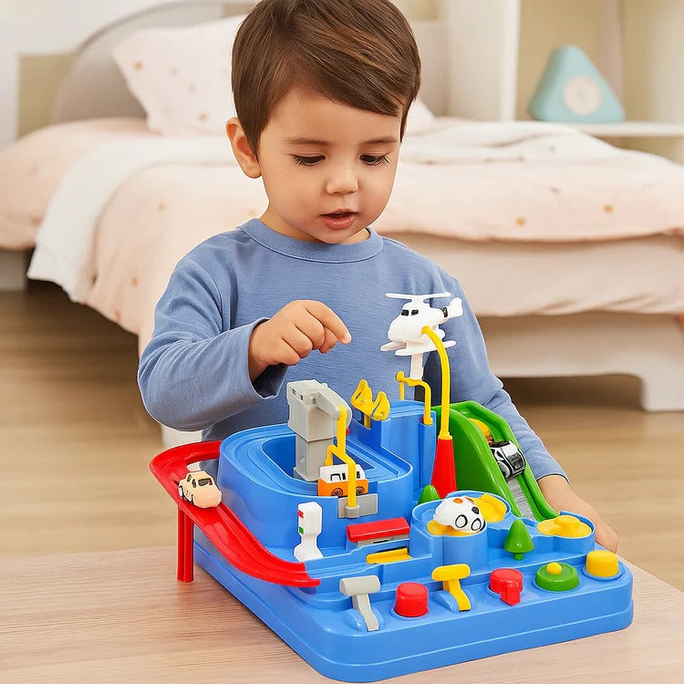 Children’s Belro mechanical vehicle track game with colorful automotive cars and track pieces for kids' play and entertainment.