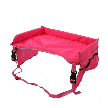 Belro baby car seat tray for sports and outdoors, showing a secure tray attached to a child's car seat with space for snacks and toys.