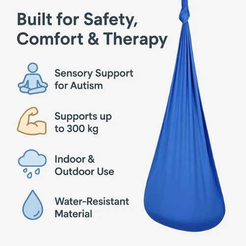 Belro sensory autism therapy swing hammock for indoor and outdoor use, designed for sensory integration and calming relaxation.