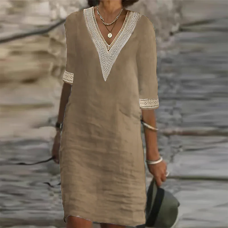 Light beige linen summer dress for women by Belro, featuring a relaxed fit and sleeveless design, perfect for warm weather.