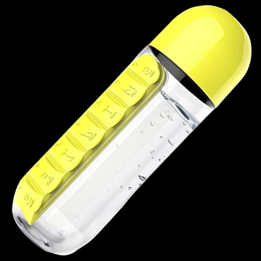 Belro water bottle with built-in pill holder, clear plastic design, featuring a screw-top lid and compact shape for on-the-go hydration.
