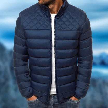 Men's Belro waterproof and windproof quilted jacket with a high collar and full front zipper, suitable for outdoor weather.