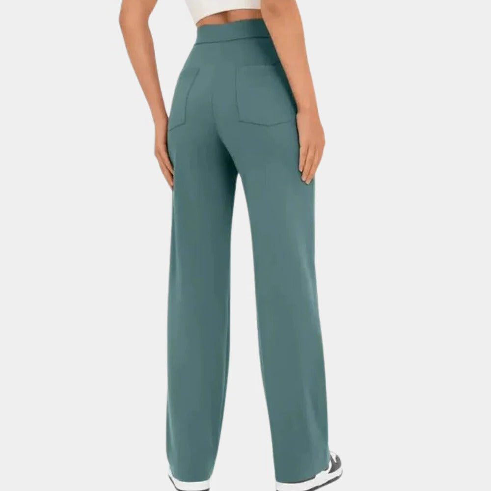 Belro casual high-waisted women's trousers shown in a neutral fabric, styled casually with a relaxed fit and waistband.