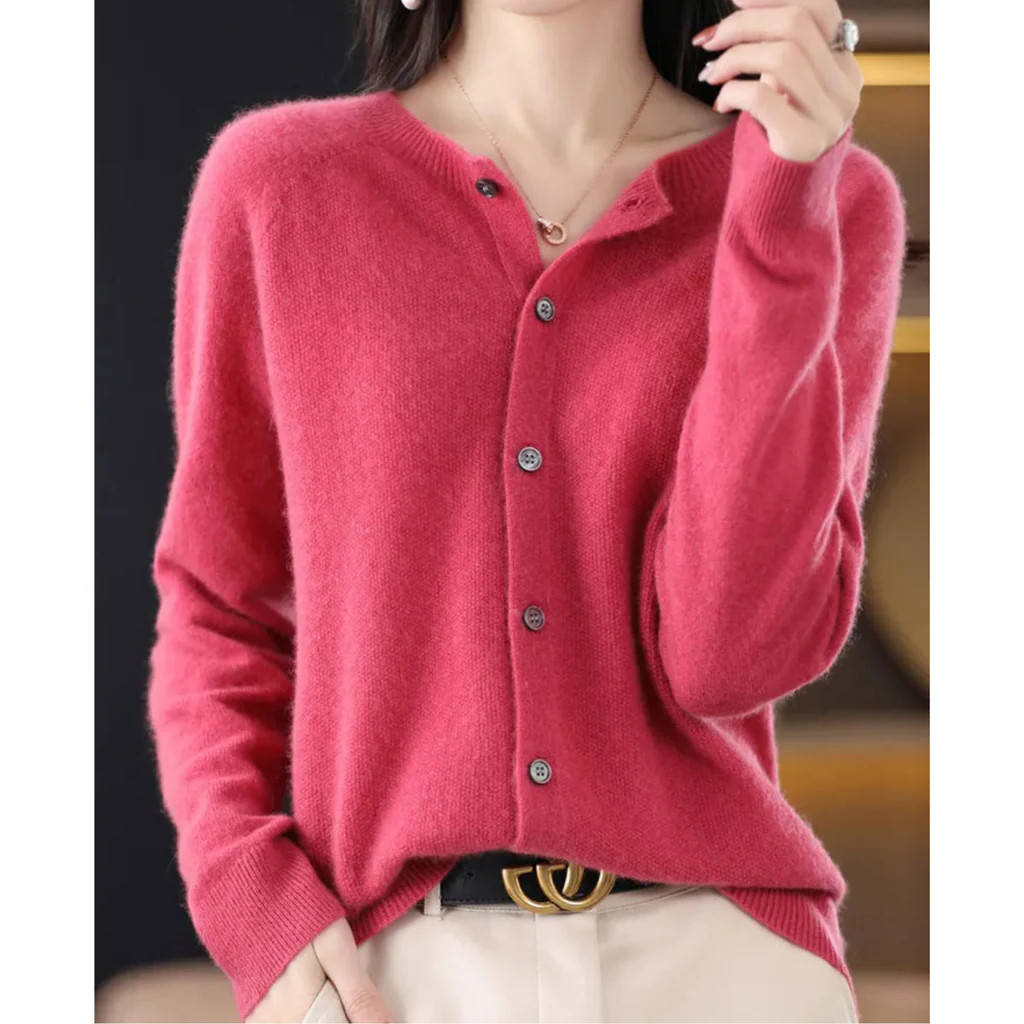 Women's Belro automotive-themed round neck cardigan sweater featuring a detailed automotive print on soft fabric.