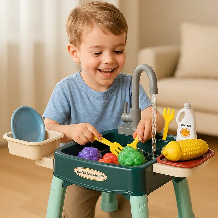Children’s play kitchen with flowing water feature by Belro, featuring realistic appliances and vibrant play area.