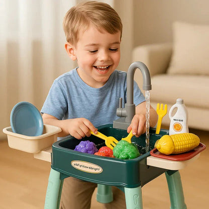 Children’s play kitchen with flowing water feature by Belro, featuring realistic appliances and vibrant play area.