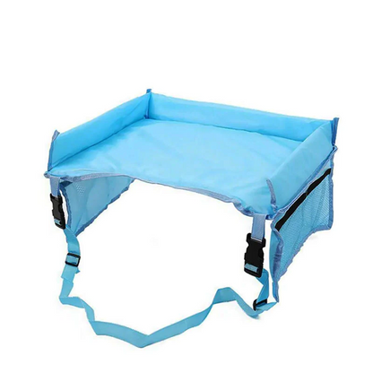 Belro baby car seat tray for sports and outdoors use, showing a secure attachment with space for snacks and toys.