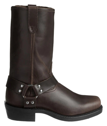Men's black harness boots by Belro, 11-inch tall footwear with sturdy leather and harness strap details.