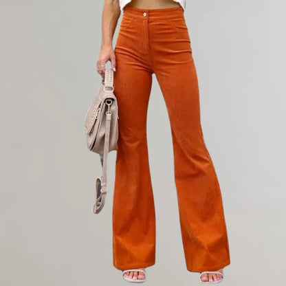 Belro trendy corduroy flared trousers shown on a model, featuring high waist and wide-leg style in a rich earthy tone.