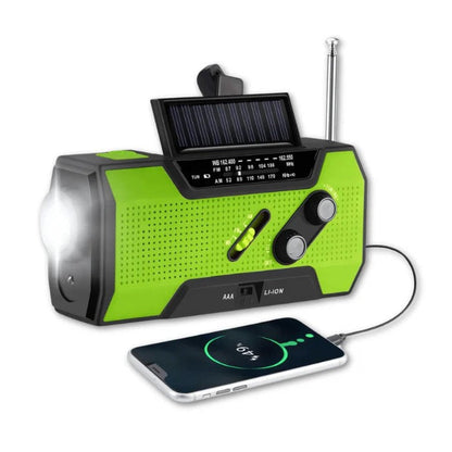 Belro emergency radio with digital display and hand crank for portable audio and weather updates in an emergency situation.