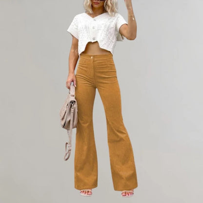 Belro trendy corduroy flared trousers, shown in a stylish fit with a high waist and vibrant color, perfect for casual or chic outfits.