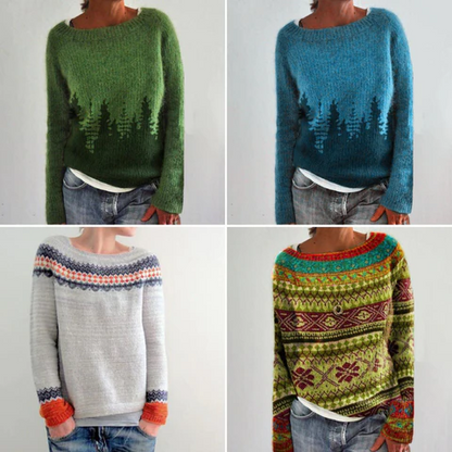 Women's retro sweater by Belro, featuring a cozy knit design with bold patterns and vibrant colors, perfect for casual wear.