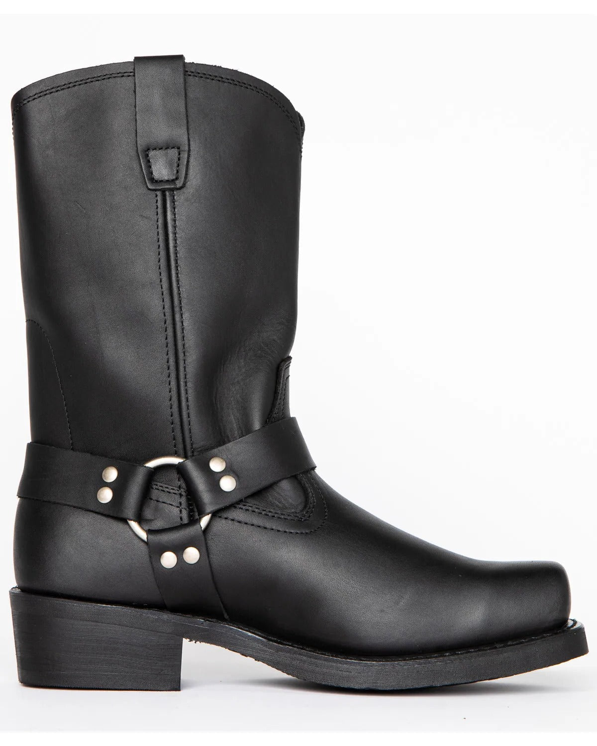 Men's black harness boots by Belro, 11-inch tall footwear with sturdy leather construction and buckle details.