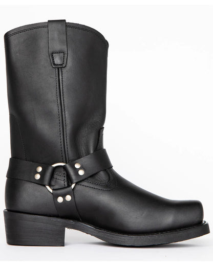 Men's black harness boots by Belro, 11-inch tall footwear with sturdy leather construction and buckle details.
