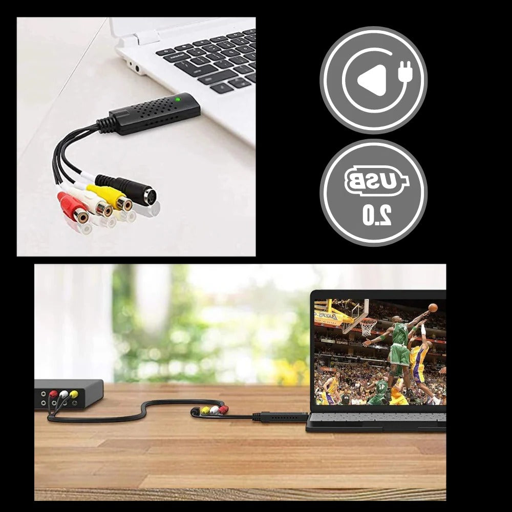 Belro USB 2.0 Capture Adapter for electronics, with ports and cable for video and data transfer.