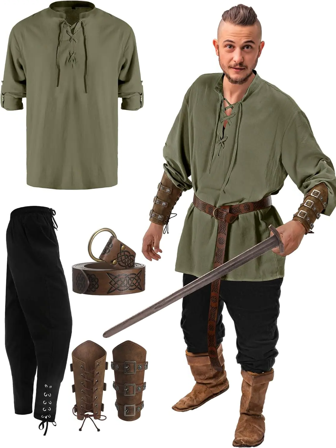 Belro men's pirate costume with four clothing pieces, including a pirate shirt, vest, sash, and accessories, for themed dress-up.