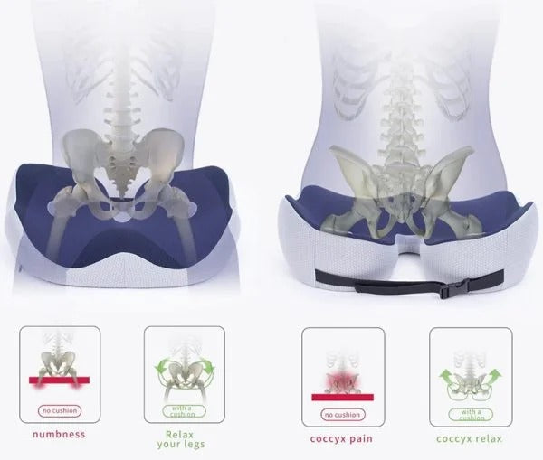 Belro adjustable memory foam sit bone relief seat cushion for comfort and support, shown on a chair.