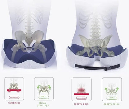Belro adjustable memory foam sit bone relief seat cushion for comfort and support, shown on a chair.