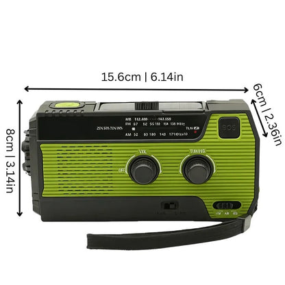 Belro emergency radio in black, with digital display and solar panel, designed for portable audio and emergency preparedness.