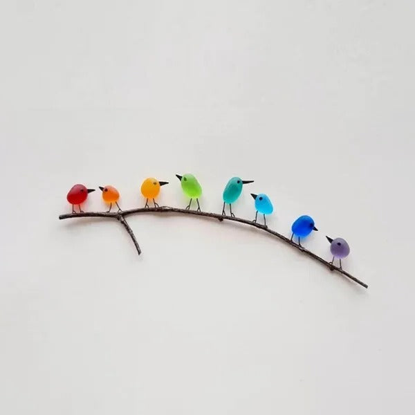Belro Sea Glass Birds Decor with coastal love notes, handcrafted coastal-themed home and garden ornament featuring colorful sea glass birds.