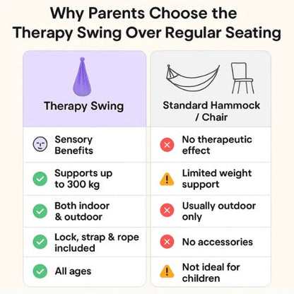 Belro sensory autism therapy swing hammock for indoor and outdoor use, shown hanging with soft fabric and secure straps.