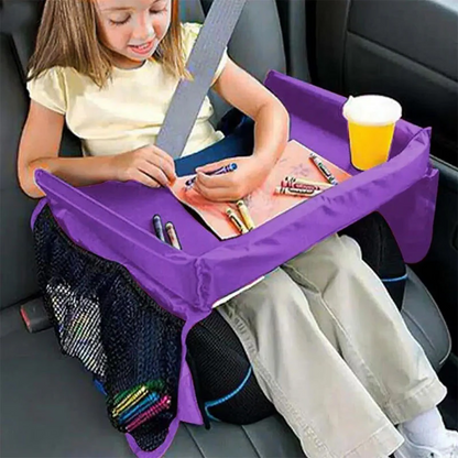 Belro baby car seat tray for sports and outdoors, showing a durable plastic surface with built-in cup holders and snack compartments.