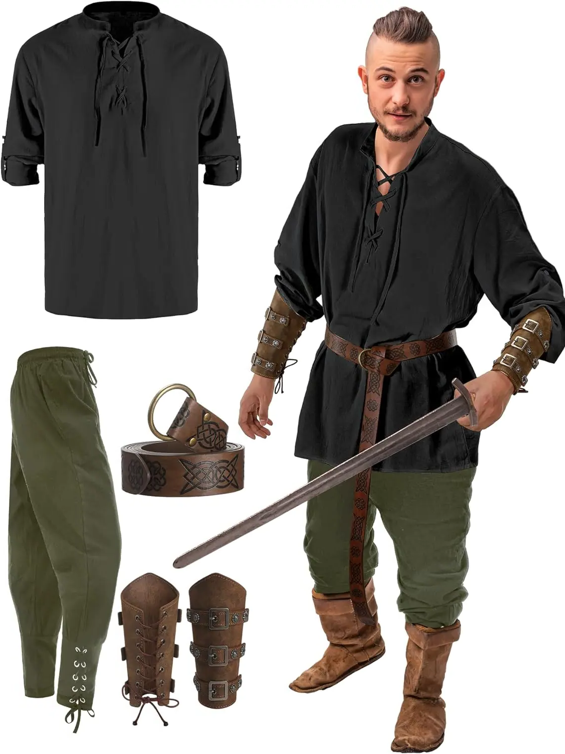 Belro men's pirate costume with four clothing pieces, featuring a pirate shirt, pants, sash, and accessories for a complete look.