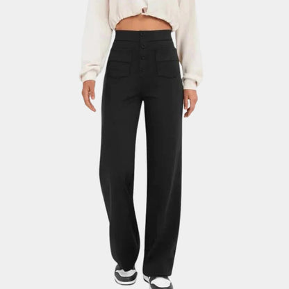 Belro casual high-waisted women's trousers in neutral fabric, displayed on a model, emphasizing comfortable, stylish fit.