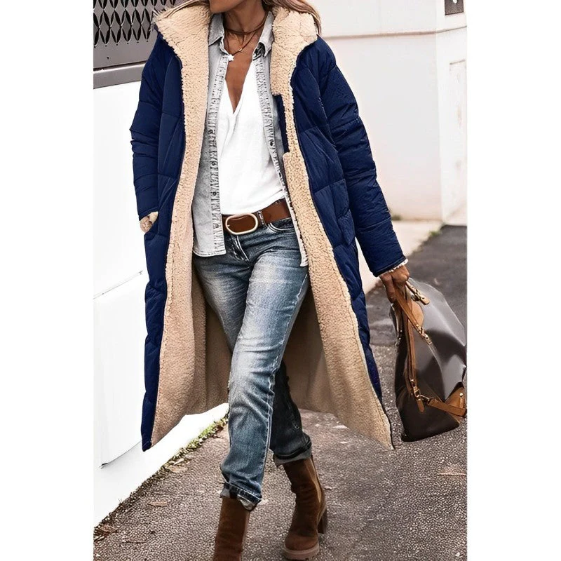 Belro women's long comfortable coat, stylish and cozy, shown hanging on a hanger with a neutral background.