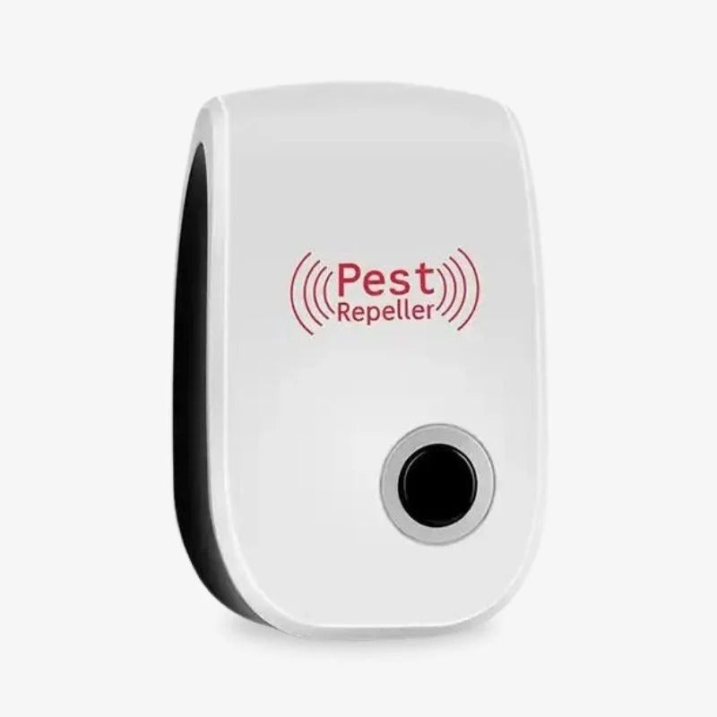 Belro ultrasonic fly repeller for outdoor pest control, compact device with speaker and control buttons in a garden setting