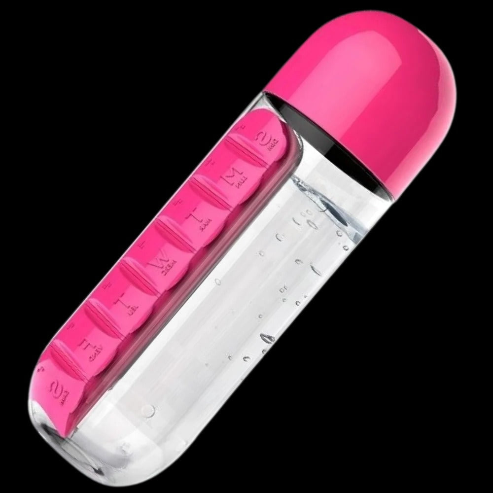 Belro water bottle with built-in pill holder, clear plastic body, and black lid, designed for convenient hydration and medication storage.