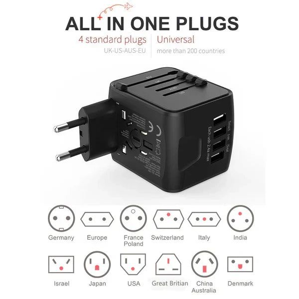 Belro multi-port travel adapter with multiple plug options and USB ports for international electronics charging.