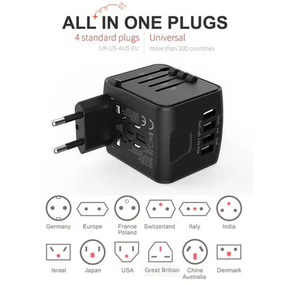 Belro multi-port travel adapter with multiple plug options and USB ports for international electronics charging.