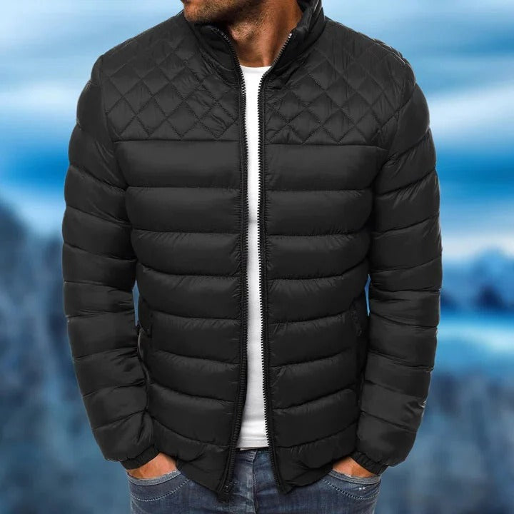 Men's Belro waterproof and windproof quilted jacket, showing a close-up of the insulated exterior with a full zipper and stand collar.