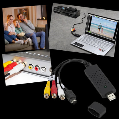 Belro USB 2.0 Capture Adapter connected to electronics device, showing ports and cable for video and audio recording.