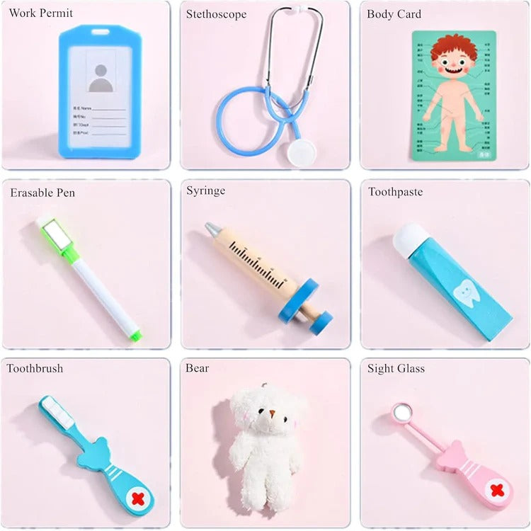 Children’s Dentist Role-Play Kit by Belro, featuring toy dental tools, a toothbrush, and a pretend patient for imaginative play.