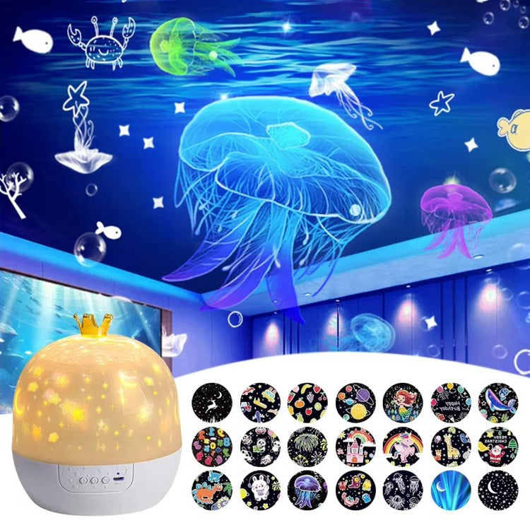 Belro children's night light and ocean projection lamp illuminating a child's bedroom with calming ocean images.