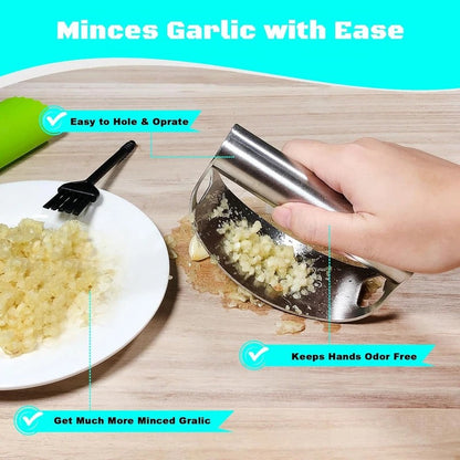 Belro garlic press rocker set for kitchen and dining, showing stainless steel design and ergonomic handle for easy garlic crushing.