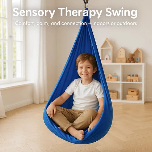 Belro sensory autism therapy swing hammock for indoor and outdoor use, designed to provide calming sensory input.
