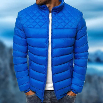 Men's Belro waterproof and windproof quilted jacket shown on a hanger, featuring a hood, zipper closure, and quilted design.