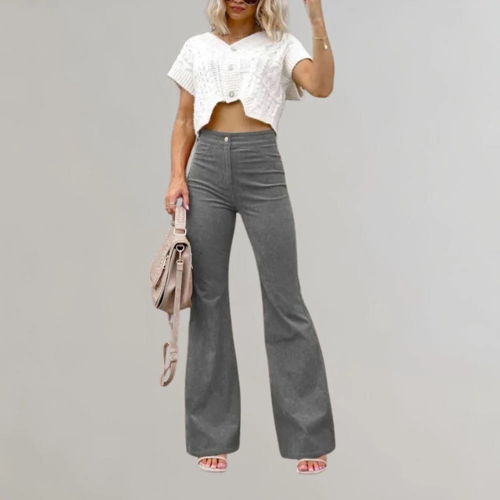 Belro trendy corduroy flared trousers, stylish pants with a high waist and wide leg, shown in a natural fabric texture.