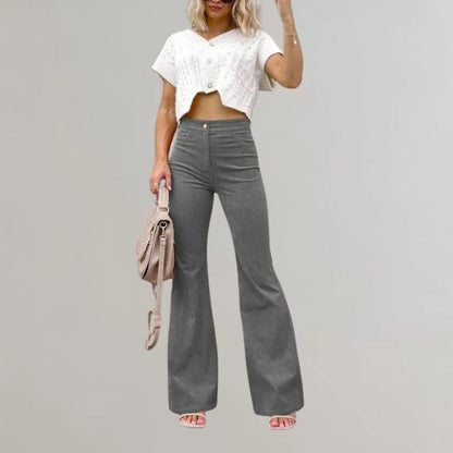 Belro trendy corduroy flared trousers, stylish pants with a high waist and wide leg, shown in a natural fabric texture.