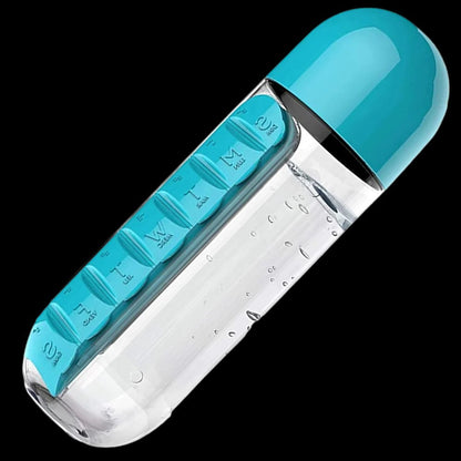 Belro water bottle with built-in pill holder, transparent design showing the bottle and compartment for pills, suitable for kitchen use