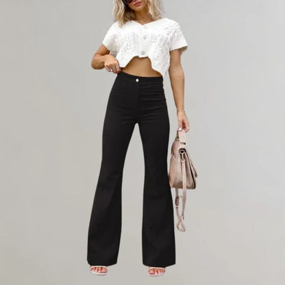 Belro trendy corduroy flared trousers, stylish pants with a high waist and wide leg, in a rich brown color.