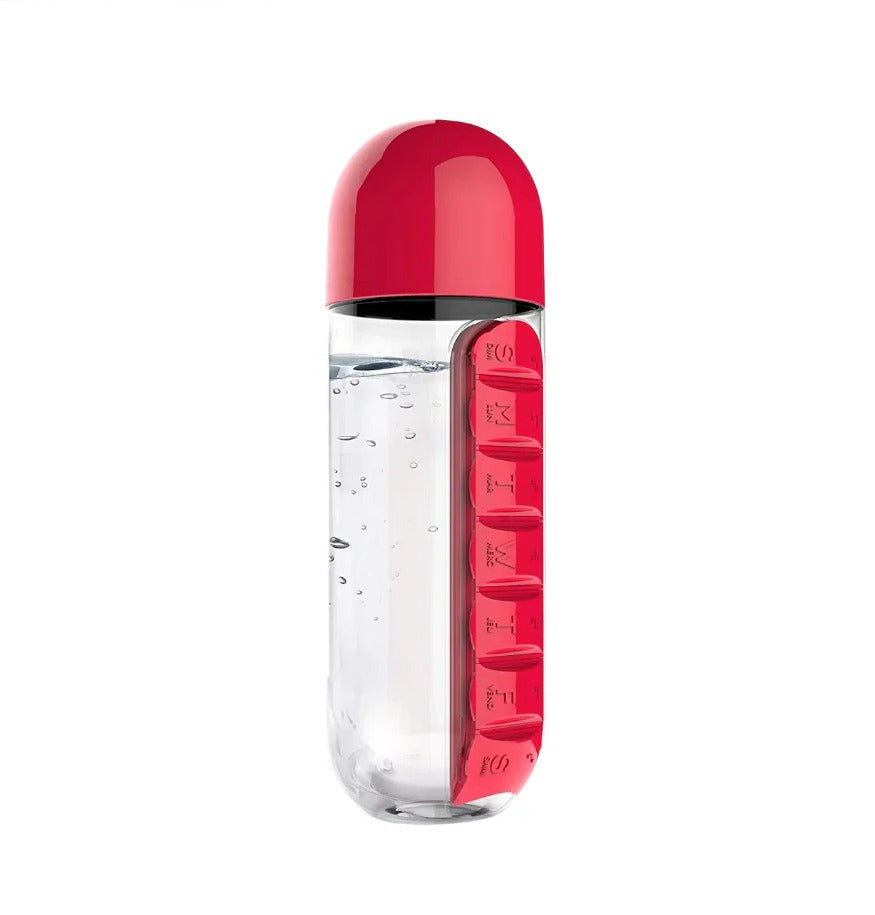 Belro water bottle with built-in pill holder, clear plastic design, and ergonomic lid for easy sipping and medication storage.