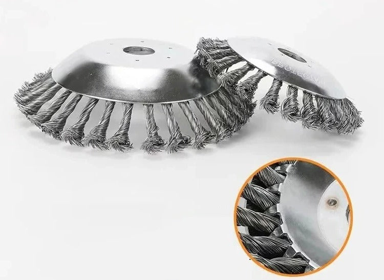 Close-up of Belro heavy-duty wire weeding wheel for men’s clothing, showing durable metal construction and ergonomic handle.
