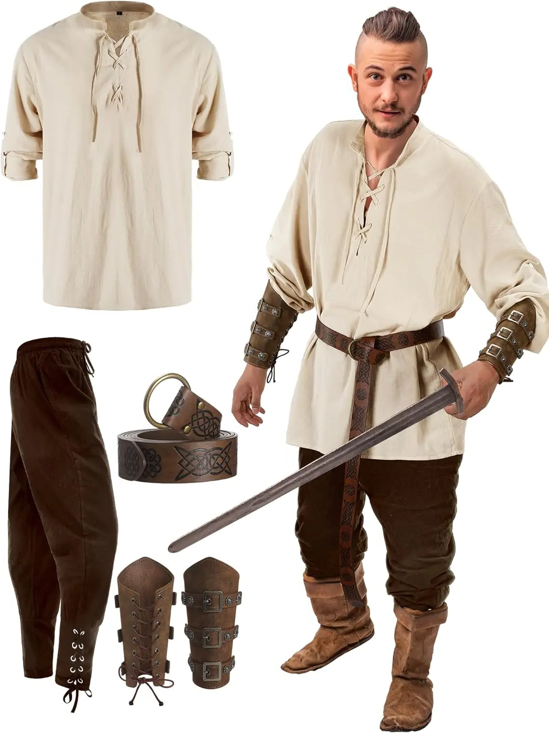 Belro official four-piece men's pirate costume set with shirt, vest, sash, and accessories for dress-up or costume events.