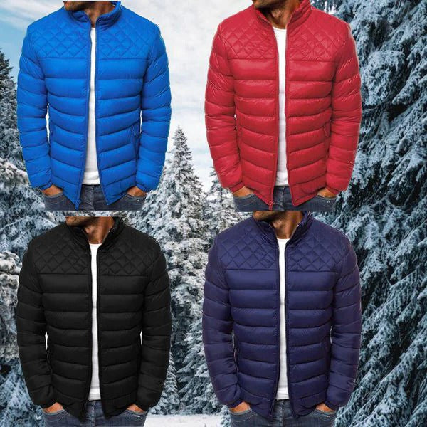 Men's Belro waterproof and windproof quilted jacket with a high collar, visible stitching, and a front zipper.