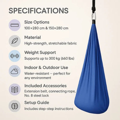 Belro sensory autism therapy swing hammock designed for indoor and outdoor use, providing calming sensory input.